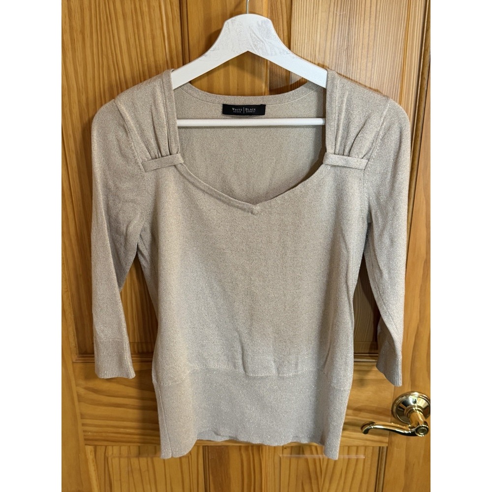 White House Black Market Gold Metallic Knit Sweater Top Women's XS 3/4 Sleeve